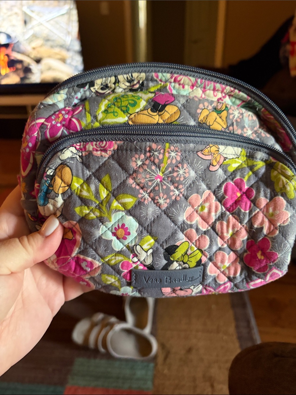 Vera Bradley Gray Quilted Floral Zip Cosmetic Case with Pink & Green Accents